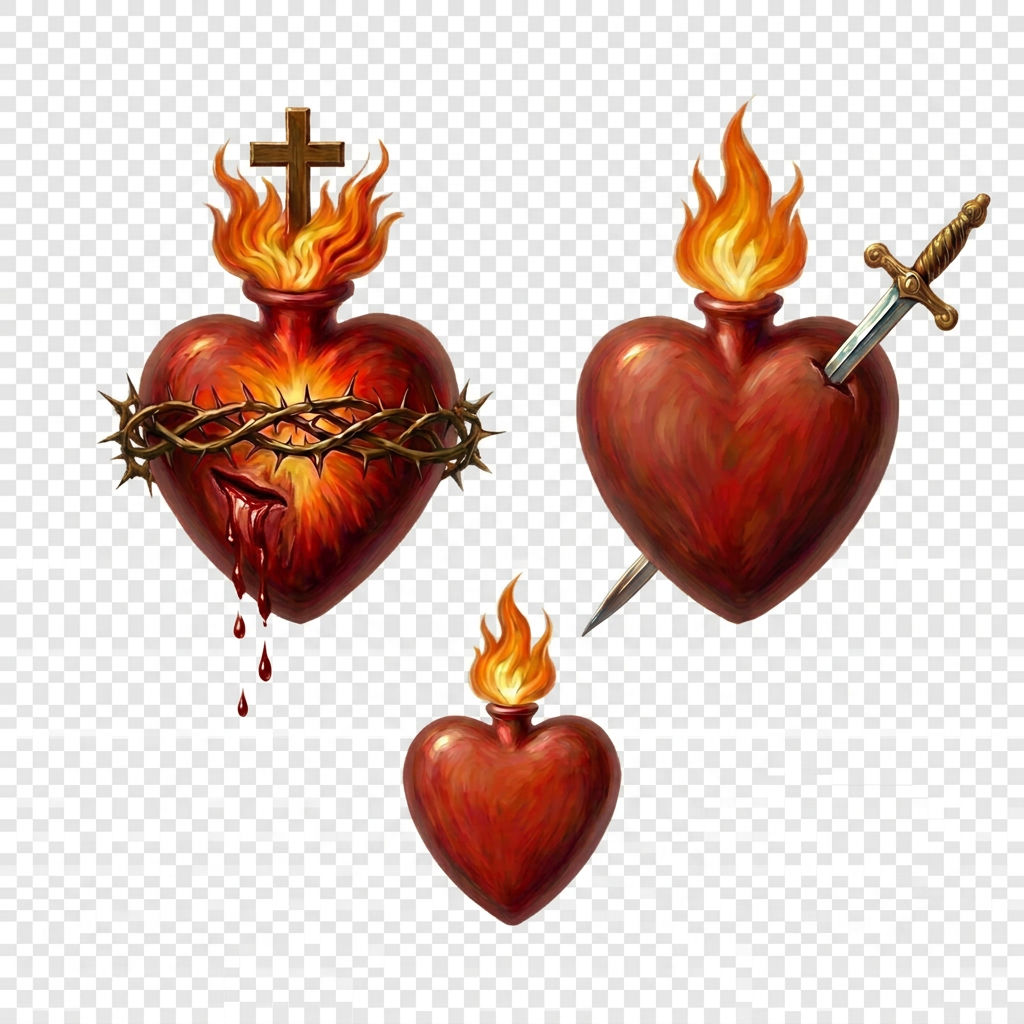 Sacred Heart of Jesus with flaming cross and crown of thorns, Immaculate Heart of Mary with flowers and dagger, Most Chaste Heart of St. Joseph with flowers and flame.