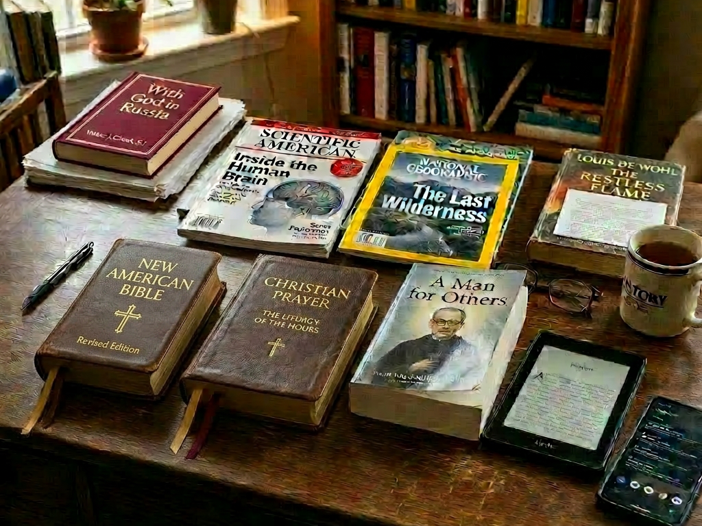 Wooden desk with books, magazines, Kindle, smartphone, glasses, and coffee cup